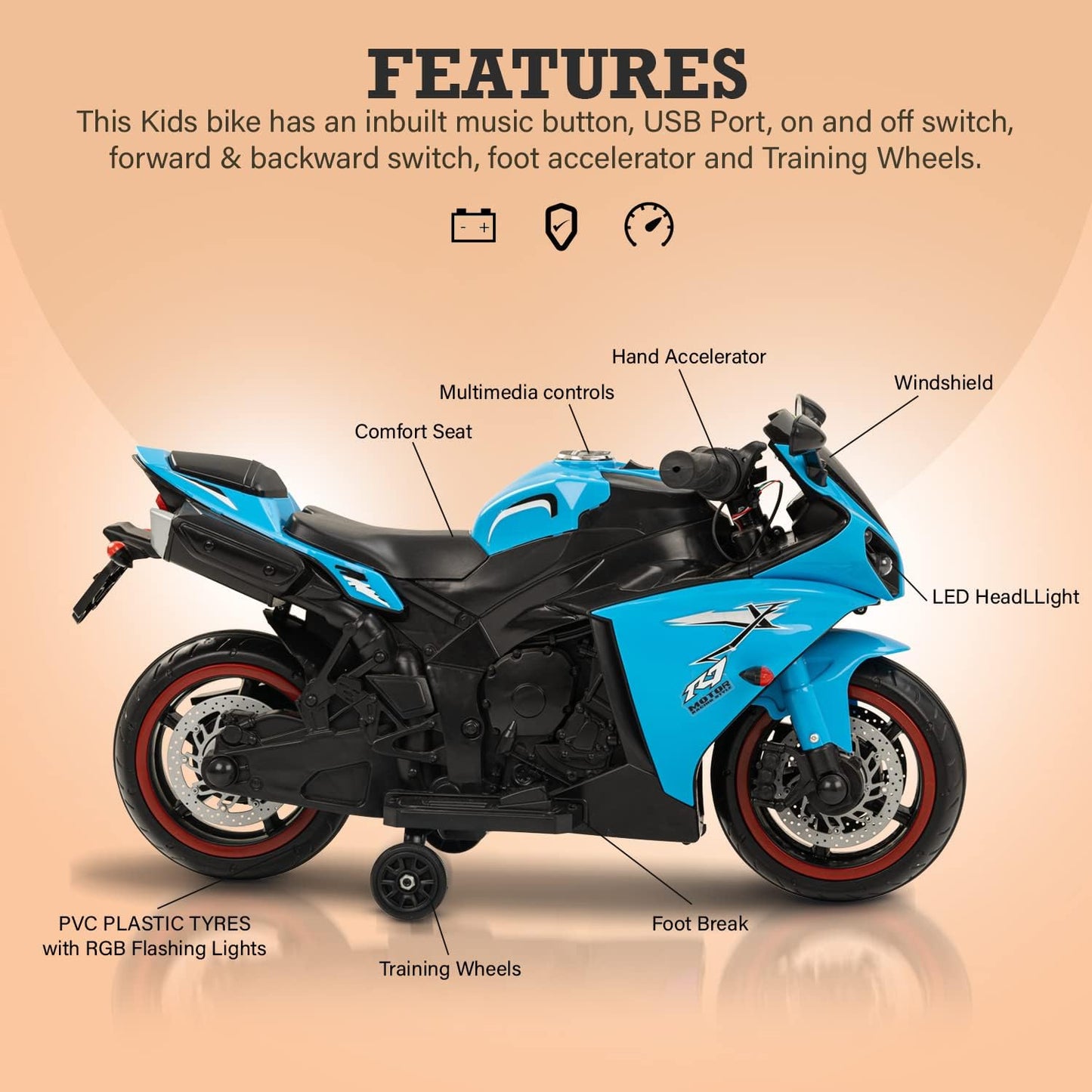 Blue Bike for Kids| 6V Battery | Sturdy Material | Max Load 35 KG (Copy) - Baby Rider