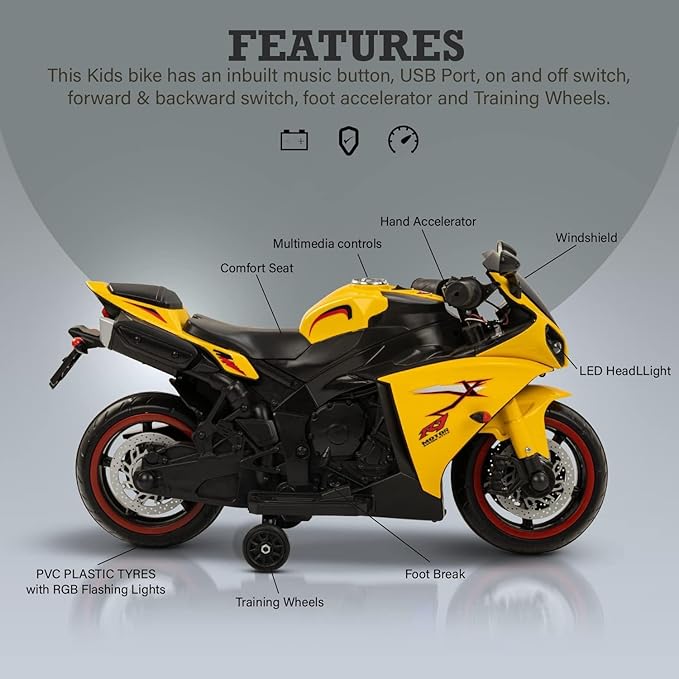 Yellow Bike for Kids | 6V Battery | Sturdy Material | Max Load 35 KG | 1 to 4 years - Baby Rider