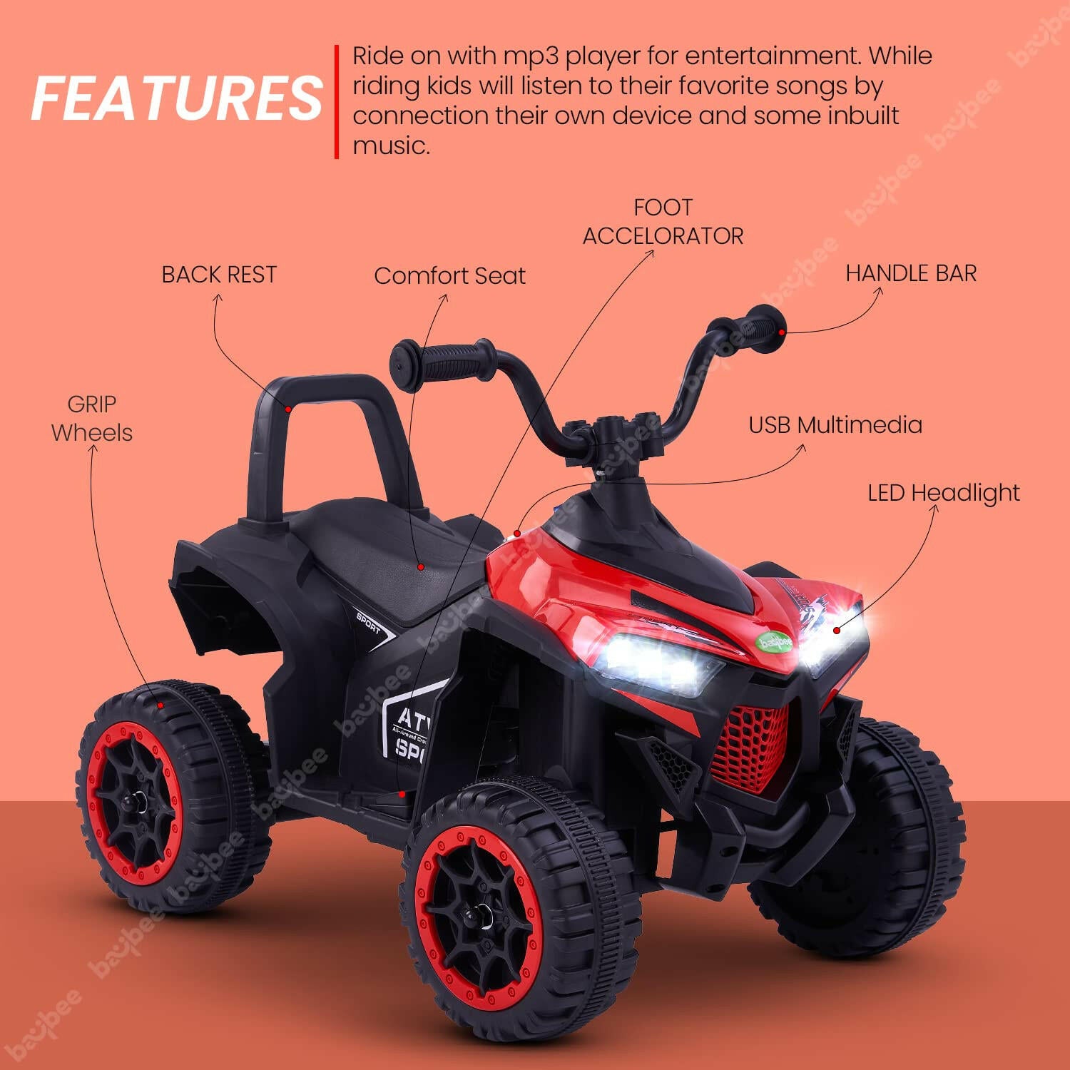 Red ATV for Kids 6V Battery Sturdy Material Max Load 35 KG