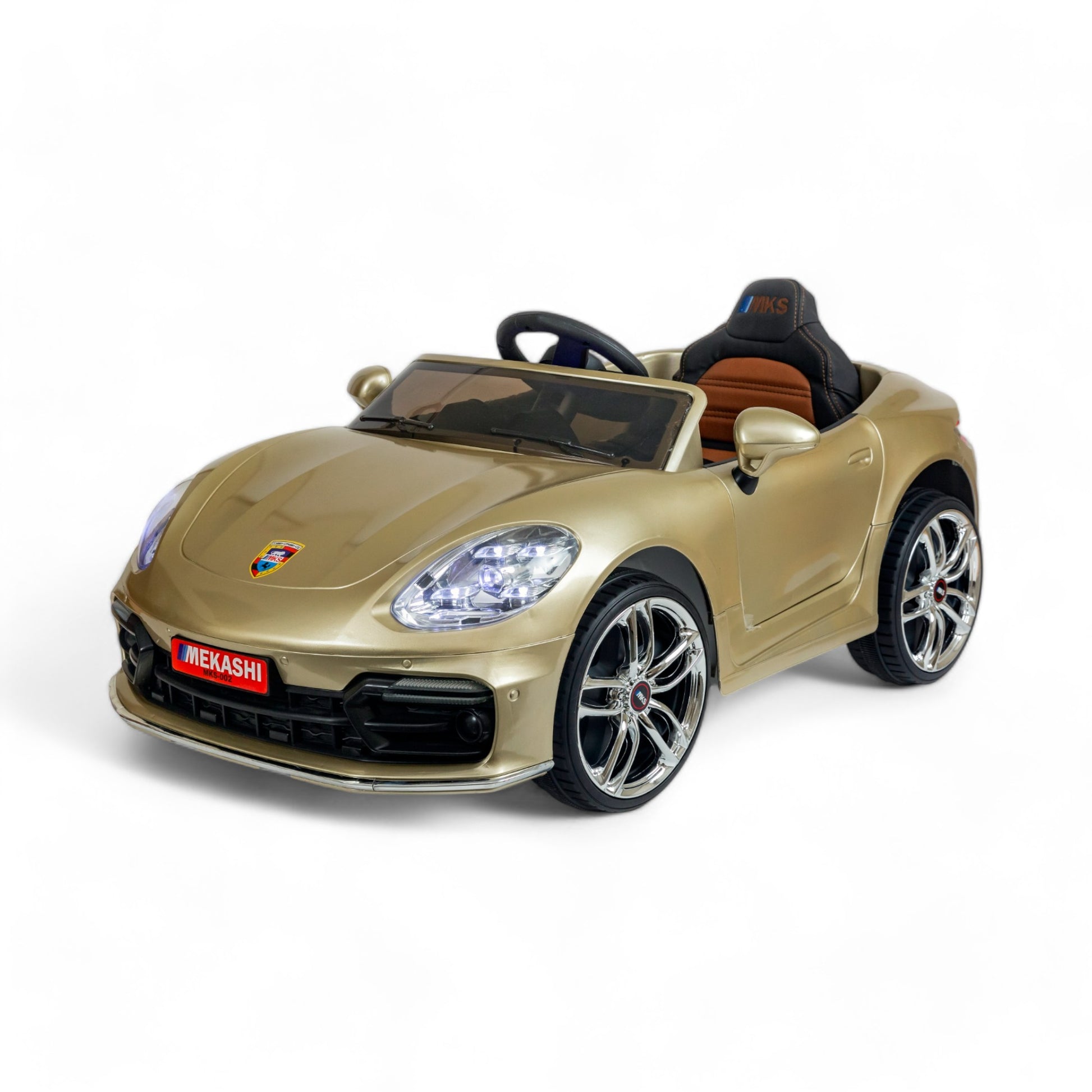 MEKASHI Porsche Car for Kids, Remote, 12V Battery, 3 Speed, LED Lights, Music, Bluetooth, 1 to 11 Years, Swing Function, Long Wheelbase, ISI Mark, Metallic Gold - Baby Rider