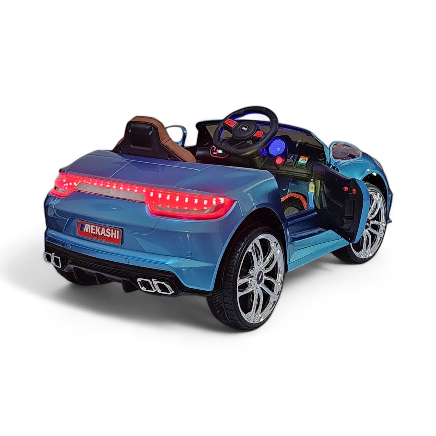 MEKASHI Porsche Car for Kids, Remote, 12V Battery, 3 Speed, LED Lights, Music, Bluetooth, 1 to 11 Years, Swing Function, Long Wheelbase, ISI Mark, Metallic Blue - Baby Rider