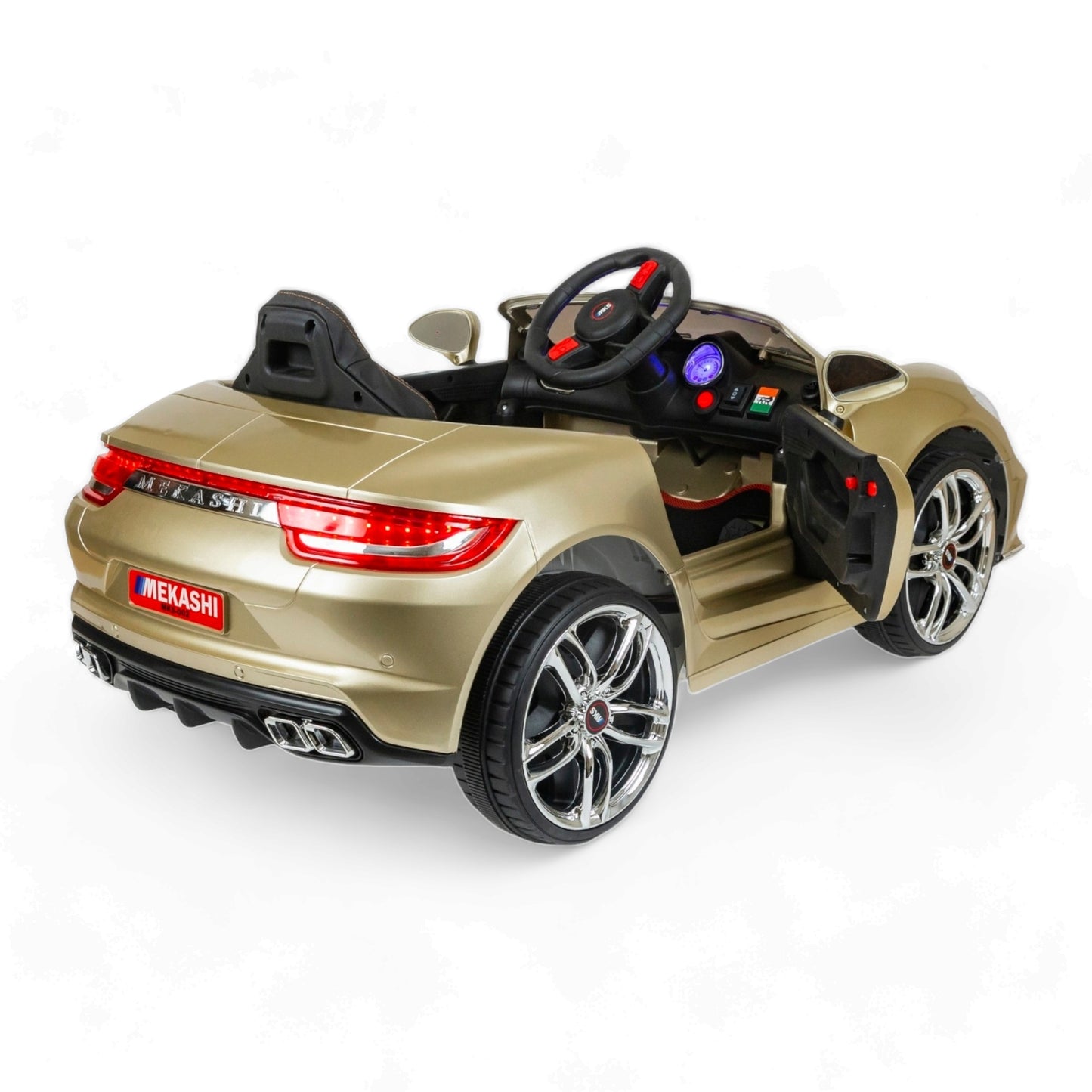 MEKASHI Porsche Car for Kids, Remote, 12V Battery, 3 Speed, LED Lights, Music, Bluetooth, 1 to 11 Years, Swing Function, Long Wheelbase, ISI Mark, Metallic Gold - Baby Rider