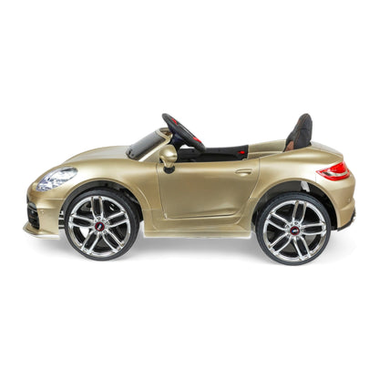 MEKASHI Porsche Car for Kids, Remote, 12V Battery, 3 Speed, LED Lights, Music, Bluetooth, 1 to 11 Years, Swing Function, Long Wheelbase, ISI Mark, Metallic Gold - Baby Rider