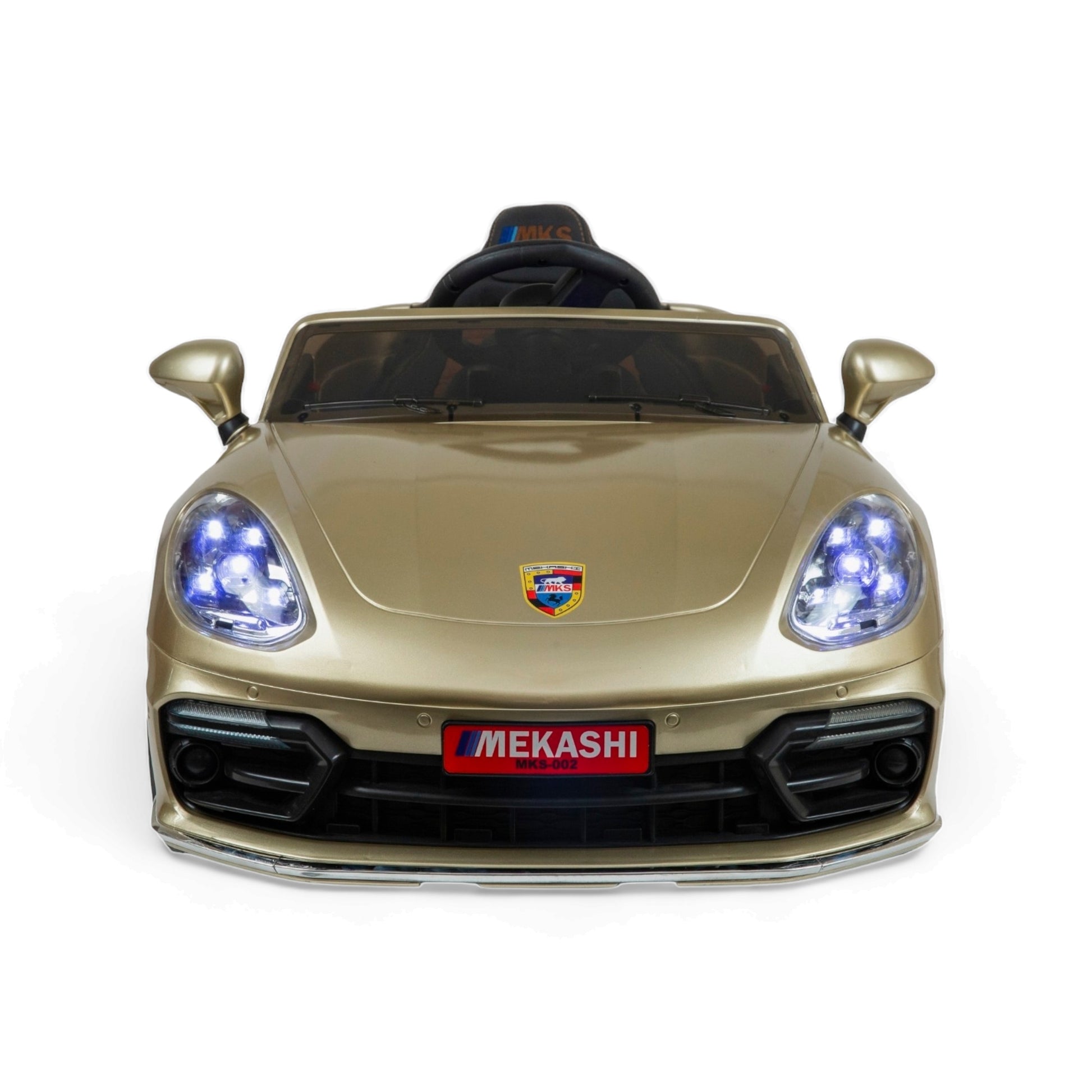 MEKASHI Porsche Car for Kids, Remote, 12V Battery, 3 Speed, LED Lights, Music, Bluetooth, 1 to 11 Years, Swing Function, Long Wheelbase, ISI Mark, Metallic Gold - Baby Rider