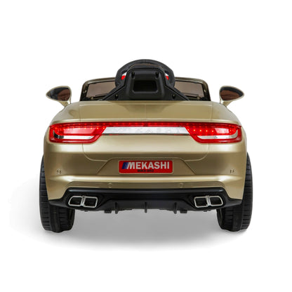 MEKASHI Porsche Car for Kids, Remote, 12V Battery, 3 Speed, LED Lights, Music, Bluetooth, 1 to 11 Years, Swing Function, Long Wheelbase, ISI Mark, Metallic Gold - Baby Rider