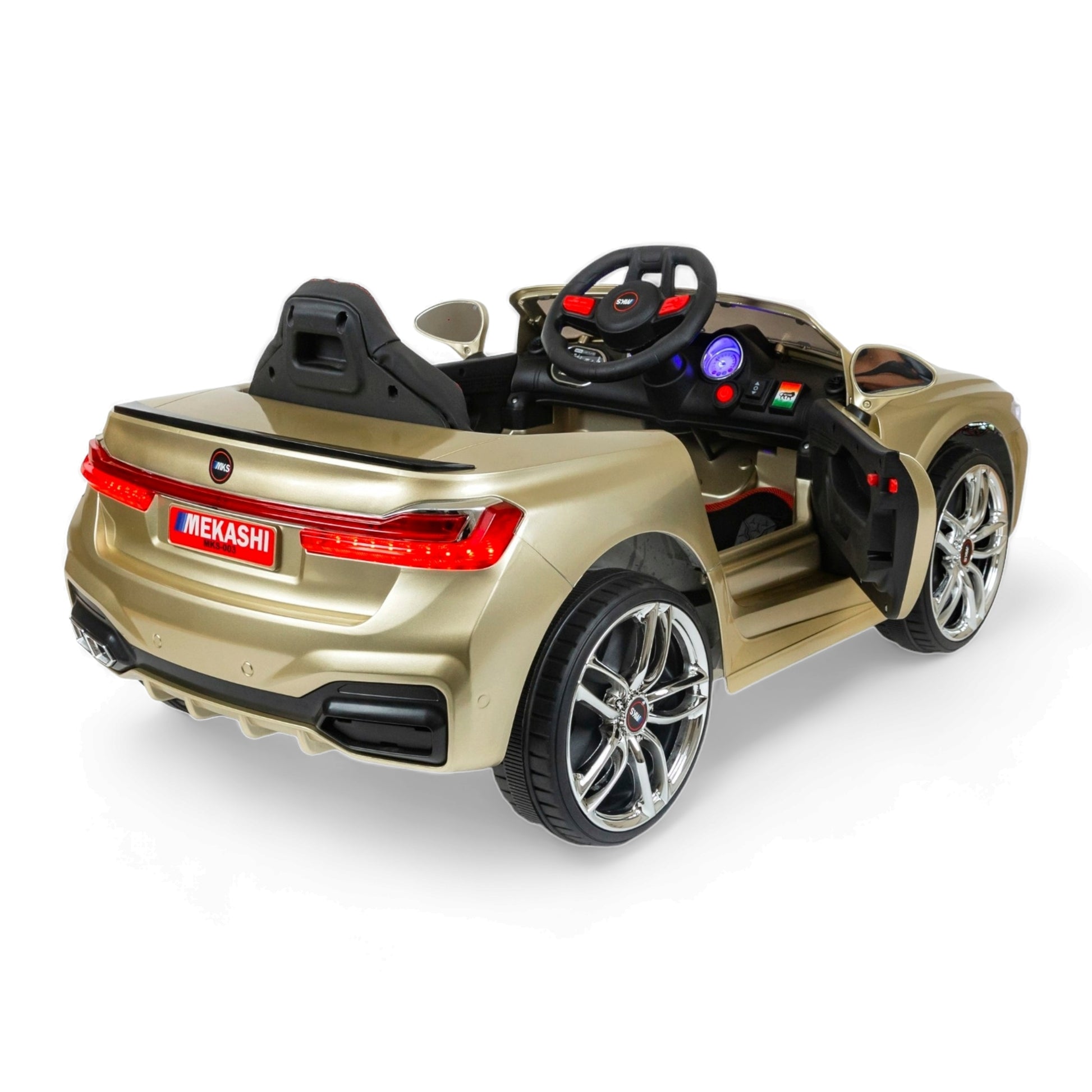 MEKASHI Electric Car for Kids, Remote, 12V Battery, 3 Speed, LED Lights, Music, Bluetooth, 1 to 11 Years, Swing Function, Long Wheelbase, ISI Mark, Metallic Gold - Baby Rider