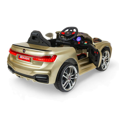 MEKASHI Electric Car for Kids, Remote, 12V Battery, 3 Speed, LED Lights, Music, Bluetooth, 1 to 11 Years, Swing Function, Long Wheelbase, ISI Mark, Metallic Gold - Baby Rider