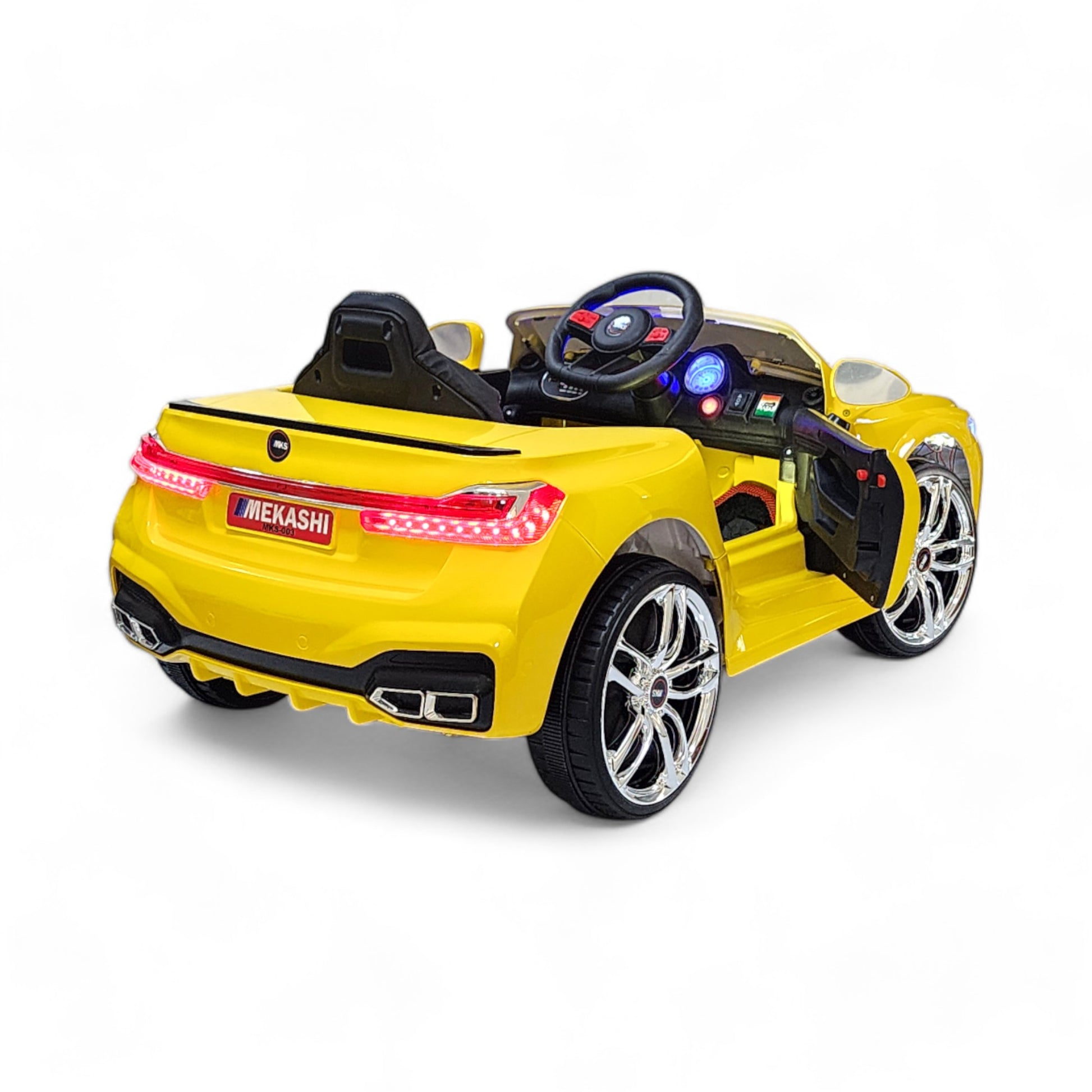 MEKASHI Electric Car for Kids, Remote, 12V Battery, 3 Speed, LED Lights, Music, Bluetooth, 1 to 11 Years, Swing Function, Long Wheelbase, ISI Mark, Metallic Yellow - Baby Rider